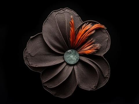 Escultura textil con incrustaciones de obsidiana y plumas, inspirada en ofrendas zapotecas.