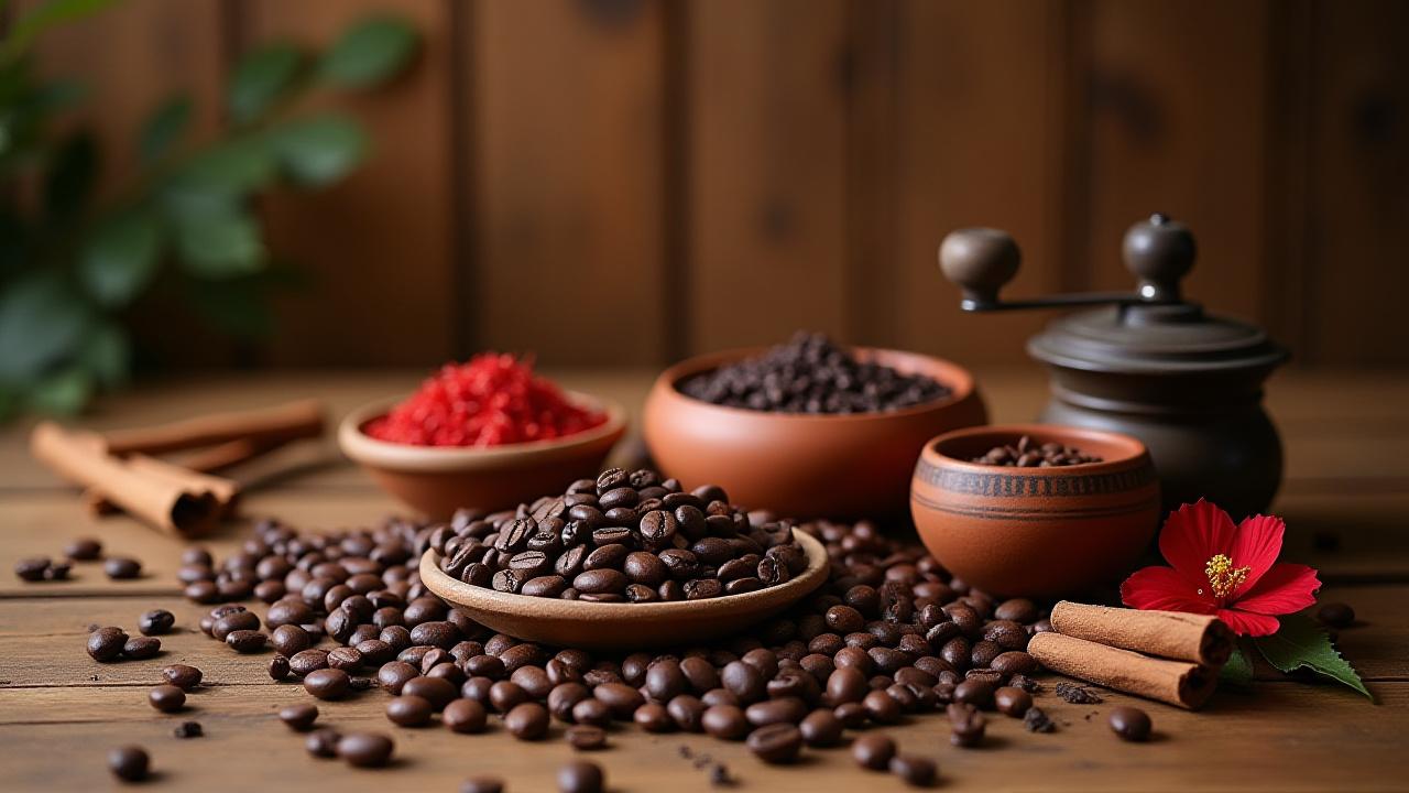 Mesa rústica con granos de café, especias y utensilios de barista