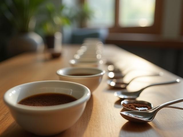Mesa de cata o 'cupping lab' con tazas de café alineadas y baristas evaluando los perfiles de sabor bajo iluminación natural.