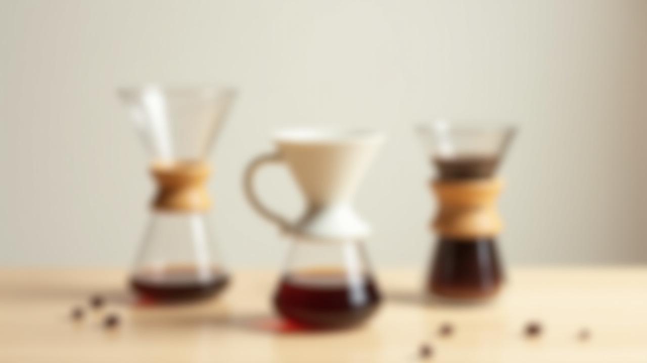 Variedad de métodos de filtrado de café, incluyendo V60, Chemex y Aeropress, dispuestos pulcramente en una superficie de madera.