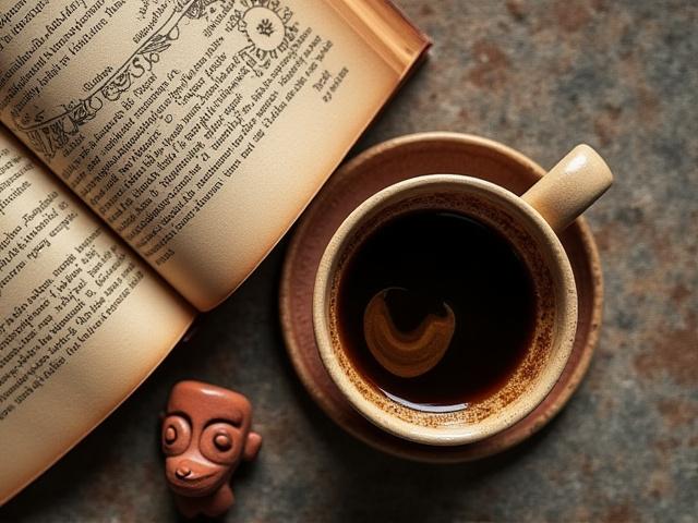 Taza de café y un códice antiguo en una cata temática