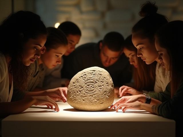 Participantes observando de cerca una réplica del Calendario Azteca